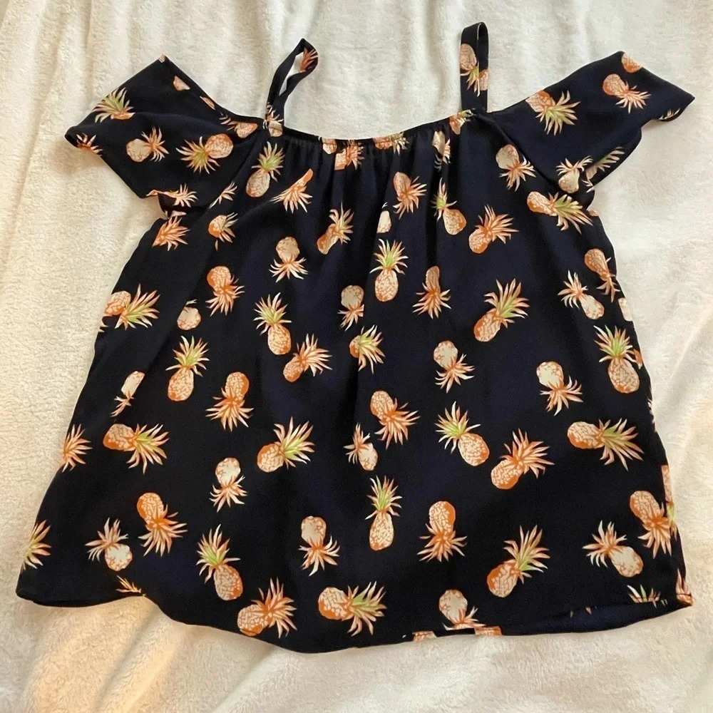 Sienna Sky | Navy Blue Pineapple Off the Shoulder Flutter Sleeve Blouse